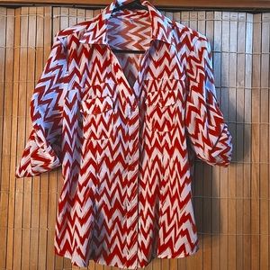 Womens button down shirt, Size L in Orange & White Chevron print